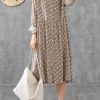 Natural stand collar patchwork cotton linen dresses Sleeve khaki print Dress