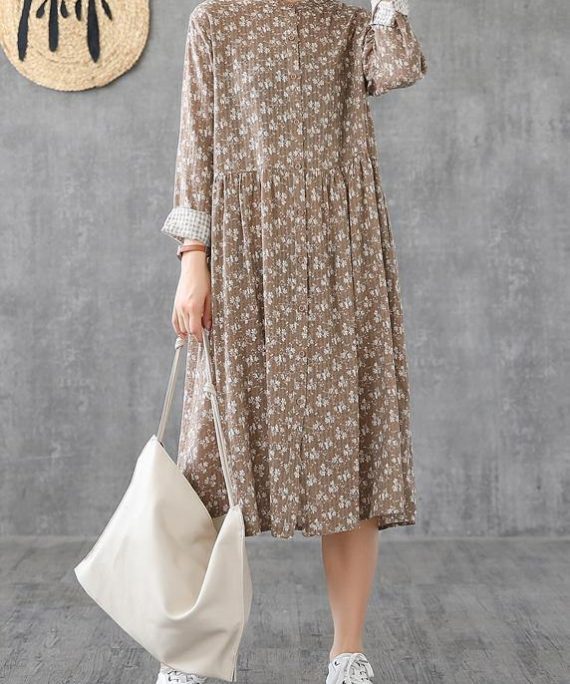 Natural stand collar patchwork cotton linen dresses Sleeve khaki print Dress