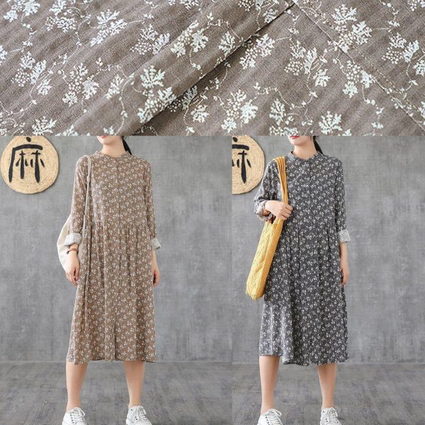 Natural stand collar patchwork cotton linen dresses Sleeve khaki print Dress - Image 5