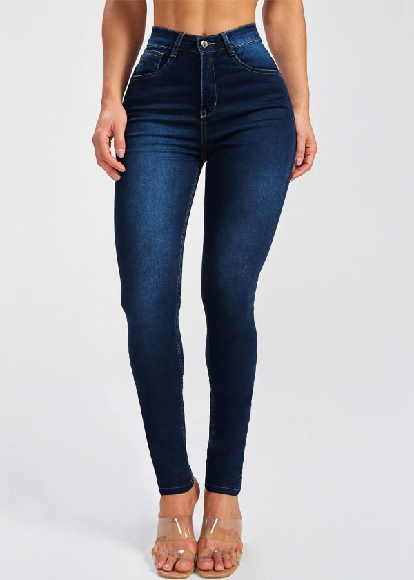Navy Button Pockets Denim Summer Pants High Waist - Image 2