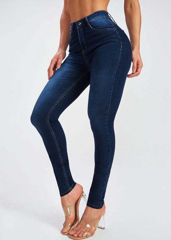 Navy Button Pockets Denim Summer Pants High Waist - Image 3