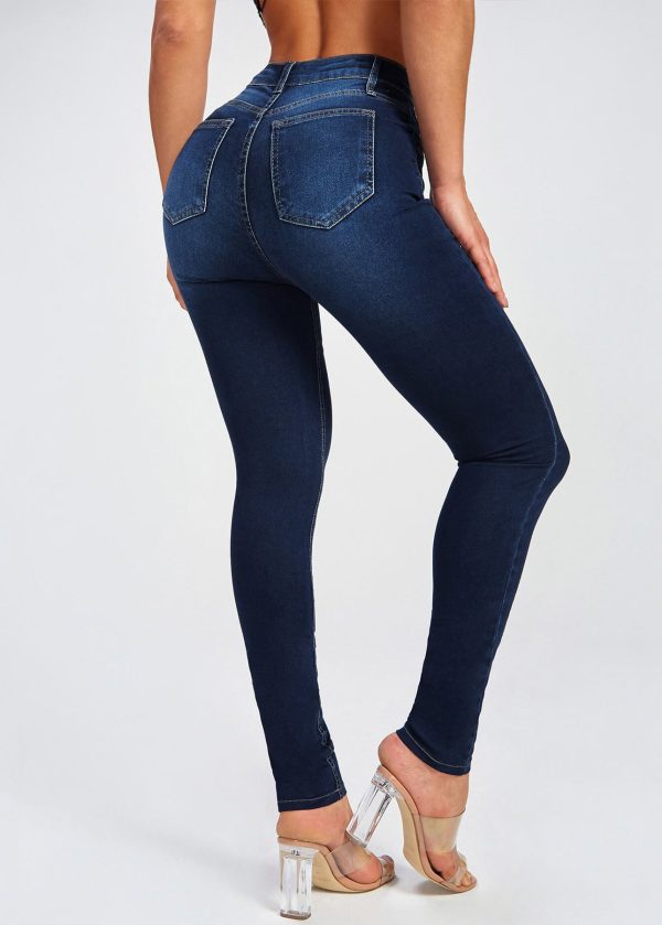 Navy Button Pockets Denim Summer Pants High Waist - Image 4
