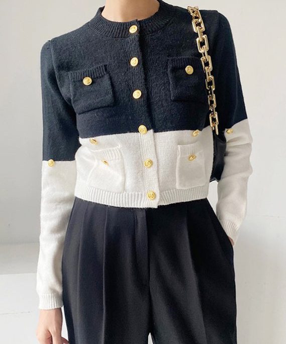 Navy Patchwork Knit Cardigan Golden Buttons Pockets Spring