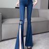 Navy Silm Fit Denim Bell-bottom Trousers Chinese Button Side Open Spring