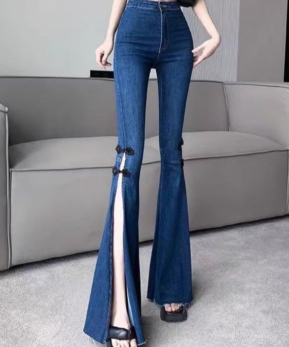 Navy Silm Fit Denim Bell-bottom Trousers Chinese Button Side Open Spring