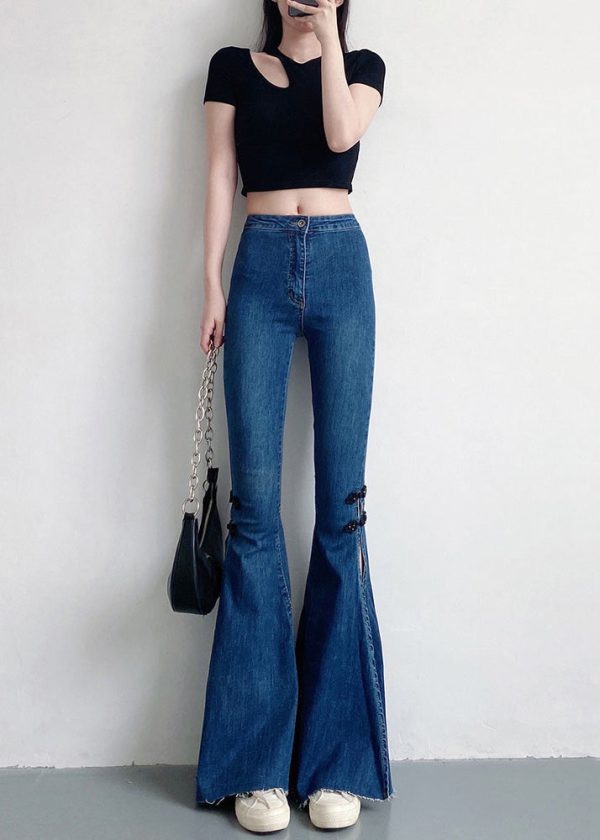 Navy Silm Fit Denim Bell-bottom Trousers Chinese Button Side Open Spring - Image 4