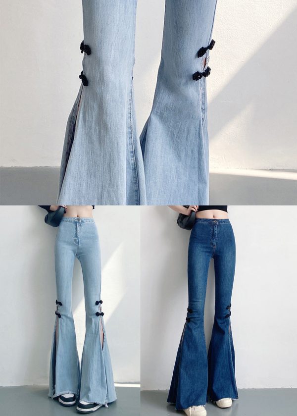 Navy Silm Fit Denim Bell-bottom Trousers Chinese Button Side Open Spring - Image 5