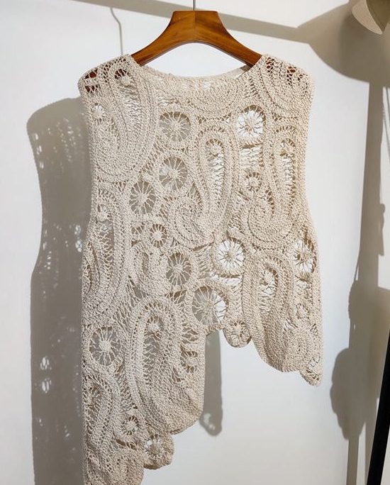 New Apricot Asymmetrical Hollow Out Knit Vest Sleeveless