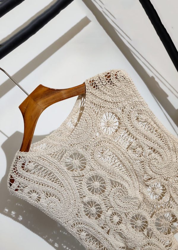 New Apricot Asymmetrical Hollow Out Knit Vest Sleeveless - Image 4