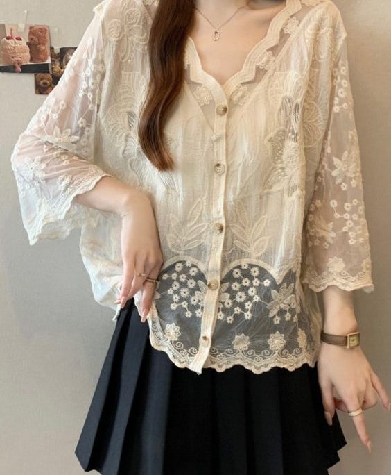New Apricot Embroidered Button Cotton Shirts Bracelet Sleeve