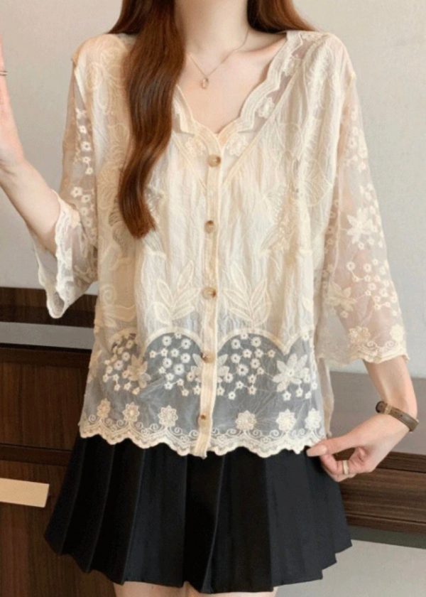 New Apricot Embroidered Button Cotton Shirts Bracelet Sleeve - Image 3