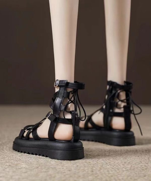 New Apricot Hollow Out Peep Toe Lace Up Roman Sandals - Image 2