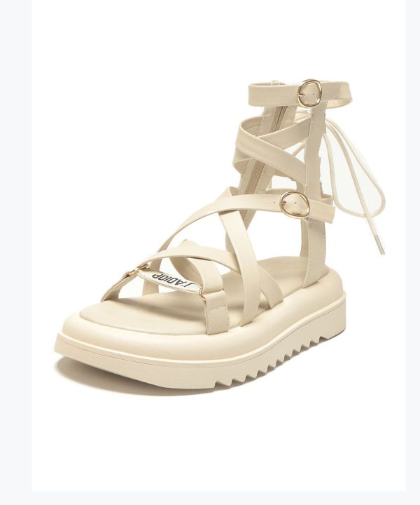 New Apricot Hollow Out Peep Toe Lace Up Roman Sandals - Image 5