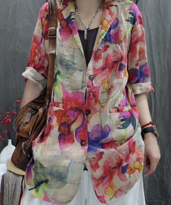 New Apricot Print Back Open Pockets Cotton Coats Bracelet Sleeve