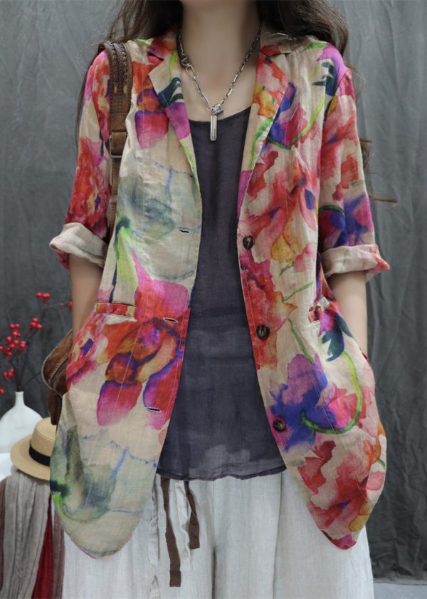 New Apricot Print Back Open Pockets Cotton Coats Bracelet Sleeve - Image 2