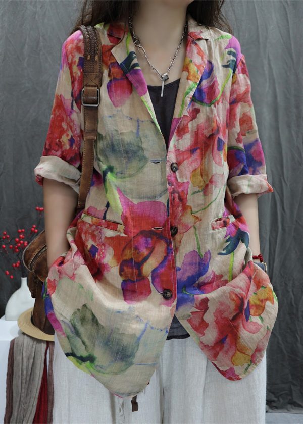 New Apricot Print Back Open Pockets Cotton Coats Bracelet Sleeve - Image 3