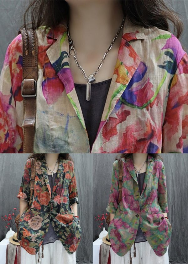 New Apricot Print Back Open Pockets Cotton Coats Bracelet Sleeve - Image 5