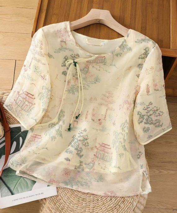 New Apricot Print Side Open Tulle Blouses Half Sleeve