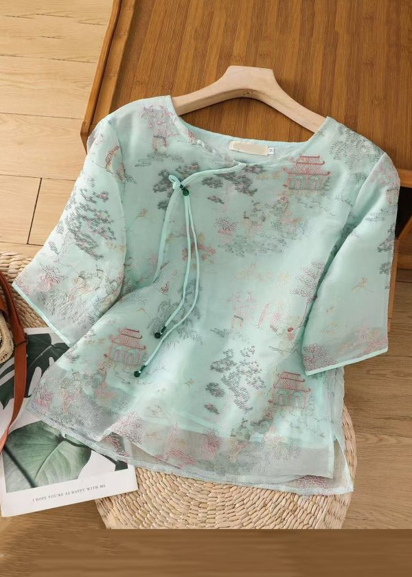 New Apricot Print Side Open Tulle Blouses Half Sleeve - Image 2