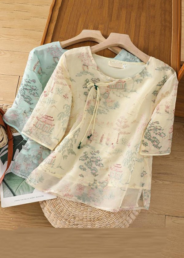New Apricot Print Side Open Tulle Blouses Half Sleeve - Image 3
