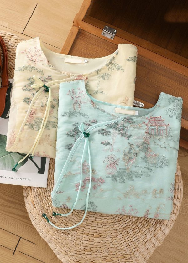 New Apricot Print Side Open Tulle Blouses Half Sleeve - Image 4