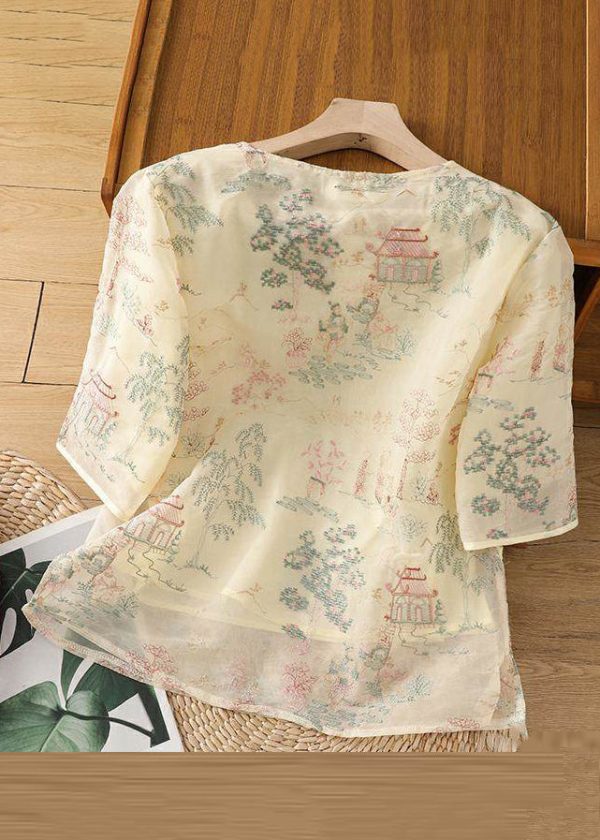 New Apricot Print Side Open Tulle Blouses Half Sleeve - Image 5