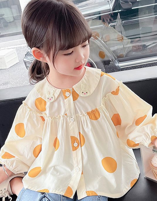 New Apricot Ruffled Button Print Cotton Kids Shirts Long Sleeve