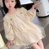 New Apricot Ruffled Tulle Girls Mid Dresses Long Sleeve