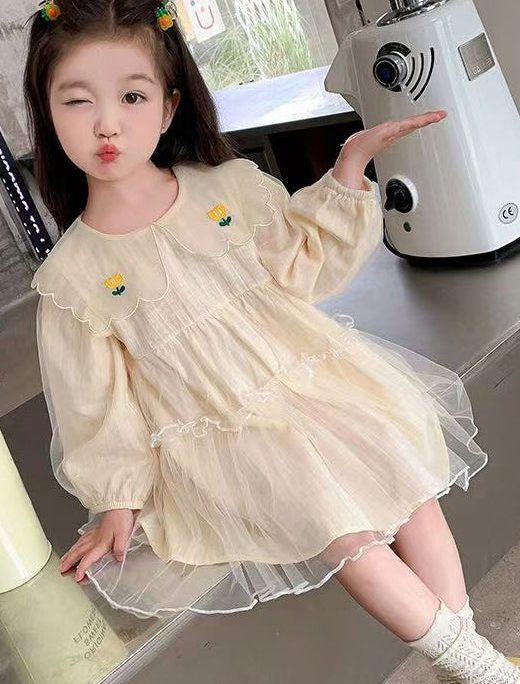New Apricot Ruffled Tulle Girls Mid Dresses Long Sleeve