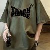 New Army Green O Neck Letter Oversized Faux Suede T Shirts Summer