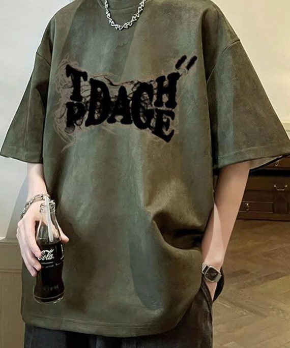 New Army Green O Neck Letter Oversized Faux Suede T Shirts Summer