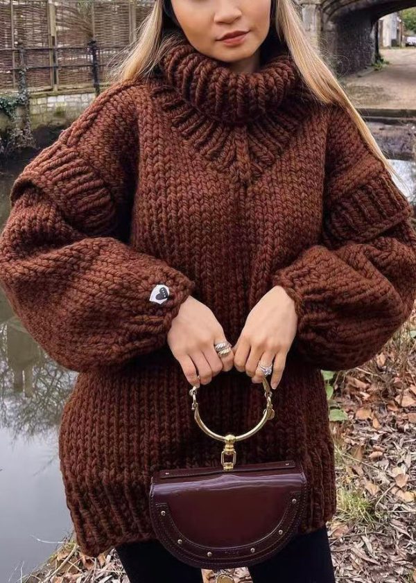 New Army Green Turtleneck Side Open Thick Knit Sweater Spring - Image 2