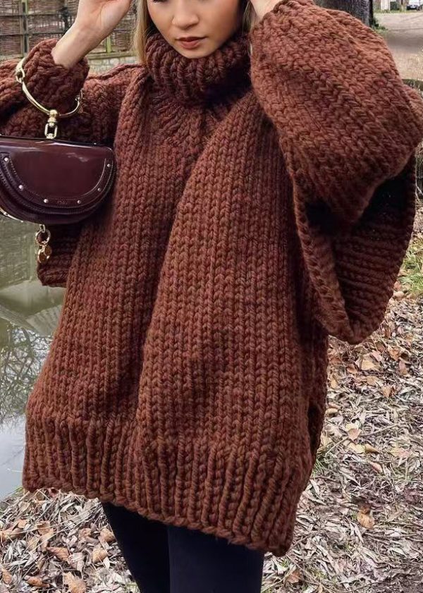 New Army Green Turtleneck Side Open Thick Knit Sweater Spring - Image 3