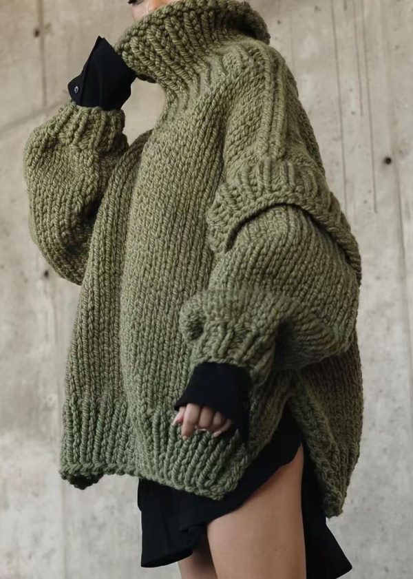 New Army Green Turtleneck Side Open Thick Knit Sweater Spring - Image 5