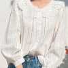 New Beige Embroidered Hollow Out Cotton Blouses Spring