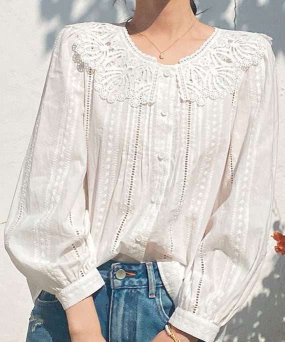 New Beige Embroidered Hollow Out Cotton Blouses Spring