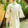 New Beige Stand Collar Embroideried Tassel Kids Long Dress Long Sleeve