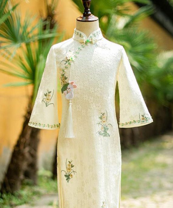 New Beige Stand Collar Embroideried Tassel Kids Long Dress Long Sleeve