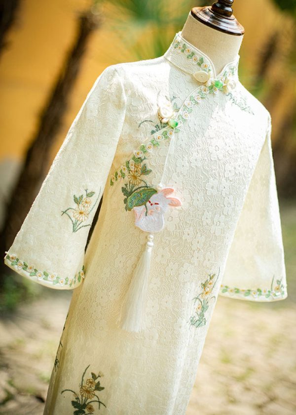 New Beige Stand Collar Embroideried Tassel Kids Long Dress Long Sleeve - Image 4