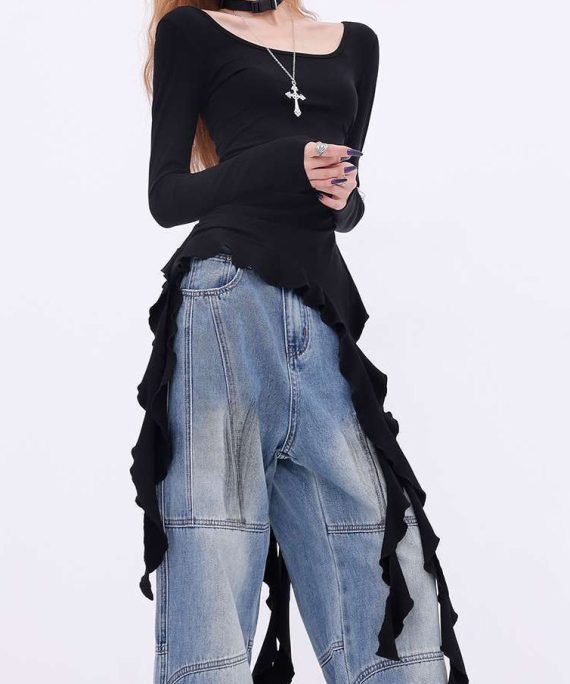 New Black Asymmetrical Solid Cotton T Shirts Spring