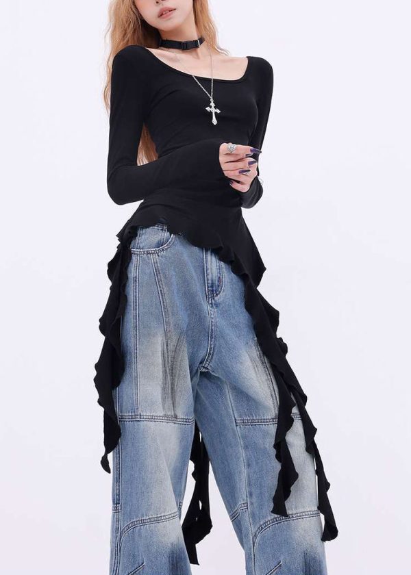 New Black Asymmetrical Solid Cotton T Shirts Spring