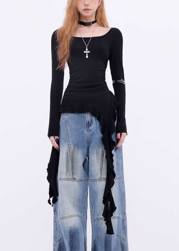 New Black Asymmetrical Solid Cotton T Shirts Spring - Image 2