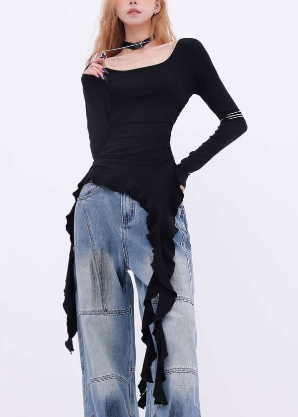 New Black Asymmetrical Solid Cotton T Shirts Spring - Image 3