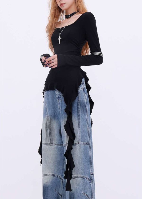 New Black Asymmetrical Solid Cotton T Shirts Spring - Image 4