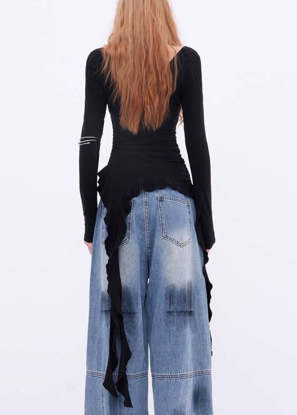 New Black Asymmetrical Solid Cotton T Shirts Spring - Image 5