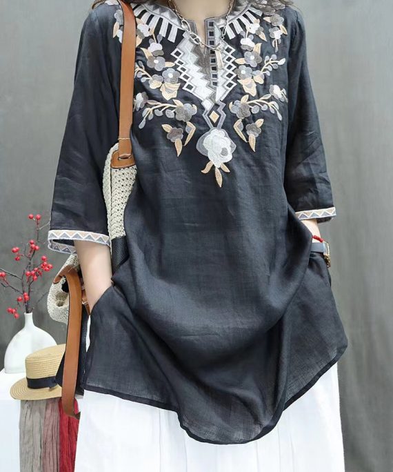 New Black Embroidered Side Open Linen Shirts Half Sleeve