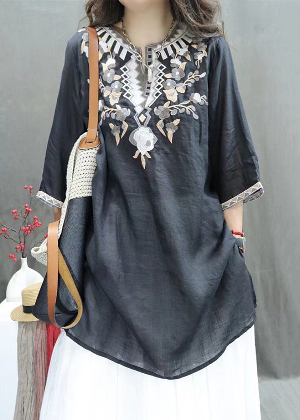 New Black Embroidered Side Open Linen Shirts Half Sleeve - Image 3