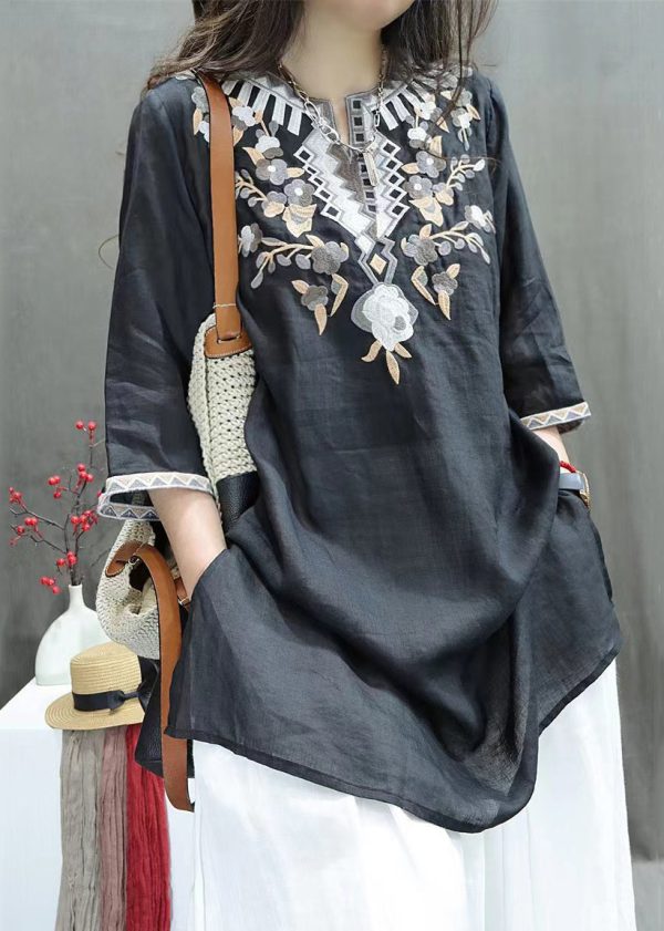 New Black Embroidered Side Open Linen Shirts Half Sleeve - Image 4