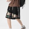 New Black Embroideried Elastic Waist Cotton Men Shorts Long Summer