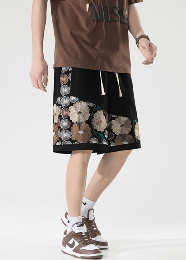 New Black Embroideried Elastic Waist Cotton Men Shorts Long Summer - Image 4